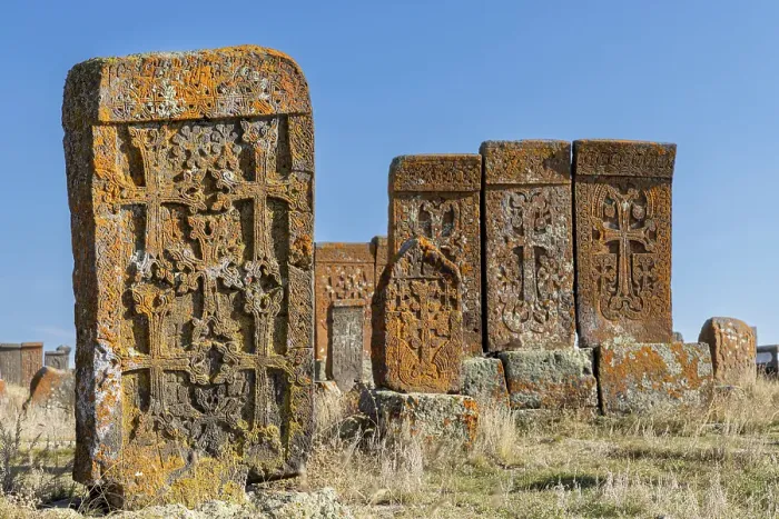 Framed Print : Early Khachkars (carved memorial stones), Noratus Cemetery, Gegharkunik Province, Armenia