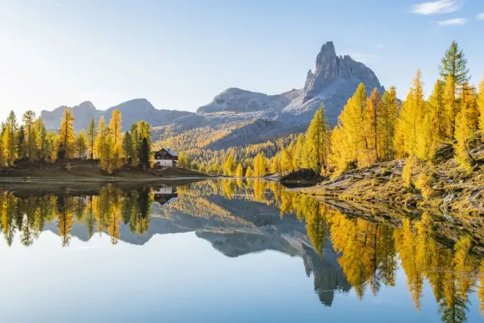 Framed Print : Early Morning at Lake Federa in Autumn, Cortina d Ampezzo, Veneto, Italy Framed Print : Early Morning at Lake Federa in Autumn, Cortina d Ampezzo, Veneto, Italy