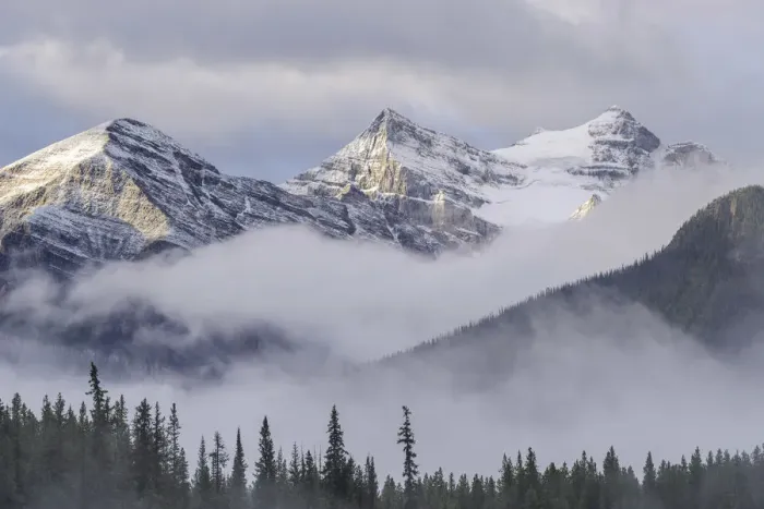 Framed Print : Early morning mist hangs in the wooded valleys below the snow capped mountains of Framed Print : Early morning mist hangs in the wooded valleys below the snow capped mountains of