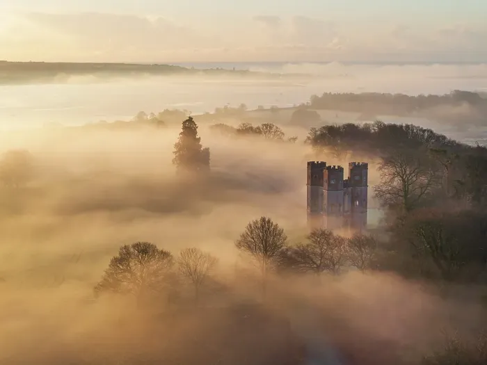 Framed Print : Early morning mist shrouds Powderham Belvedere on a winter morning, Powderham, Devon, England. Winter (March) 2024 Framed Print : Early morning mist shrouds Powderham Belvedere on a winter morning, Powderham, Devon, England. Winter (March) 2024