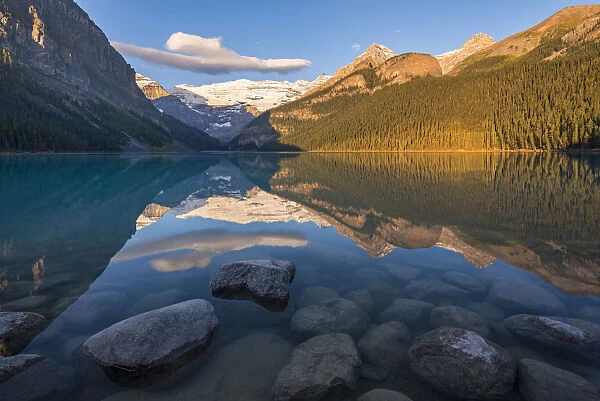 Early morning sunlight at Lake Louise in the Canadian Rockies, Banff National Park