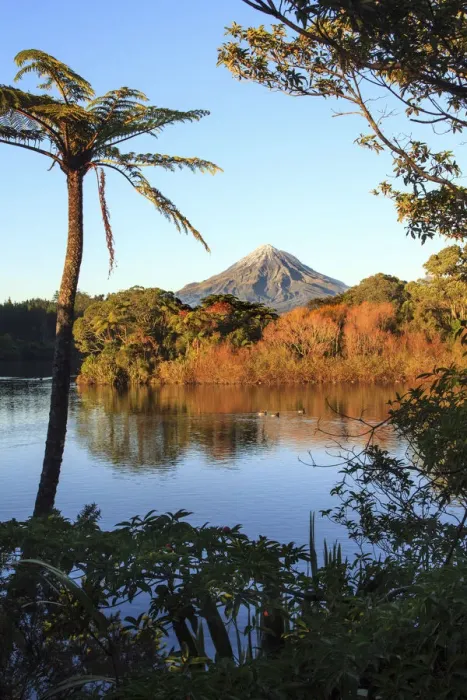 Framed Print : Early morning view of Mount Taranaki from Lake Mangamahoe, New Plymouth, New Zealand