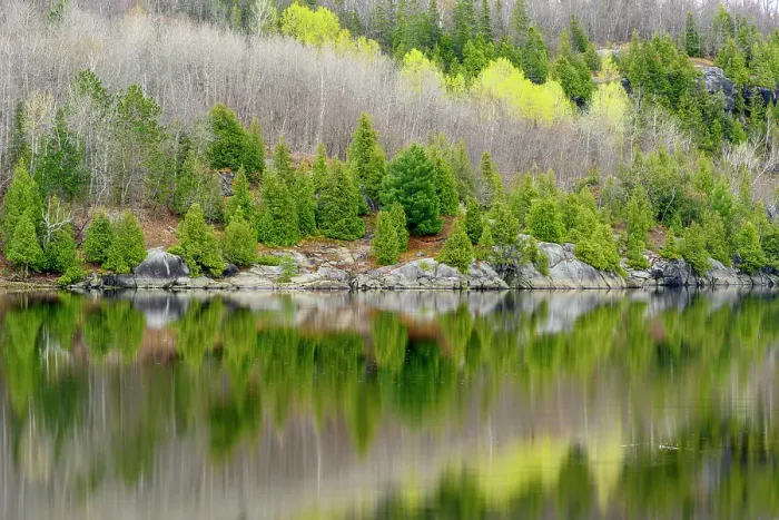 Framed Print : Early spring reflections in Simon Lake, Greater Sudbury, Ontario, Canada