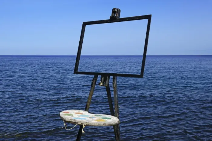 Framed Print : Easel and palette in front of the sea, island of Vulcano, Aeolian, or Aeolian Islands Framed Print : Easel and palette in front of the sea, island of Vulcano, Aeolian, or Aeolian Islands