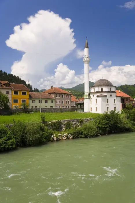Framed Print : Eastern Europe, Balkans, Bosnia and Herzegovina, Mosque and Neretva river in the town Framed Print : Eastern Europe, Balkans, Bosnia and Herzegovina, Mosque and Neretva river in the town