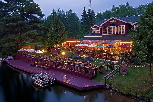 Eatery and outdoor patioo at night. Dorset, Ontario, Canada