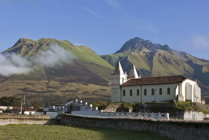 Framed Print : Ecuador, Imbavalu towering above a local Catholic church on the outskirts of Otavalo