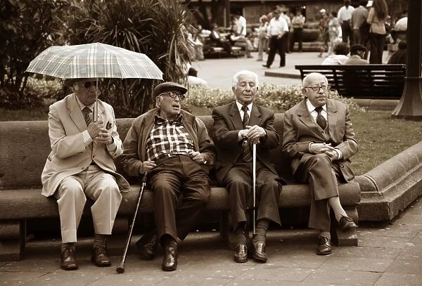 Ecuador, Quito. Four old men discuss events in a park in the Plaza de Armas