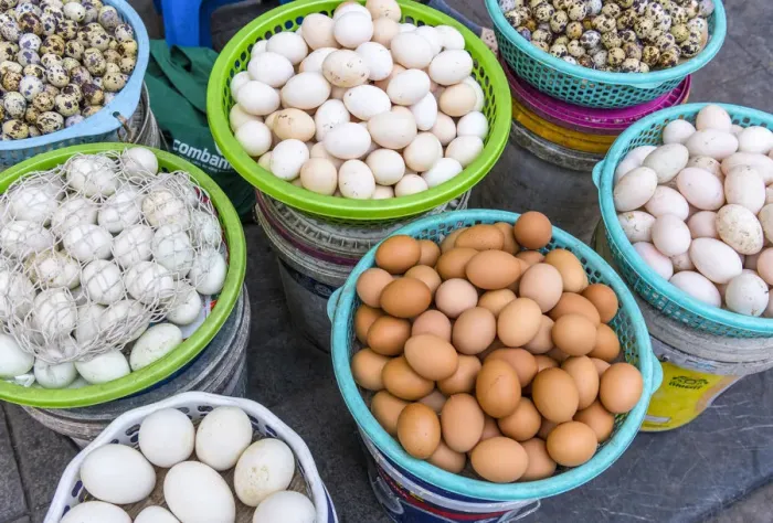 Framed Print : Eggs on sale in the food market in Hanoi Old Quarter, Vietnam
