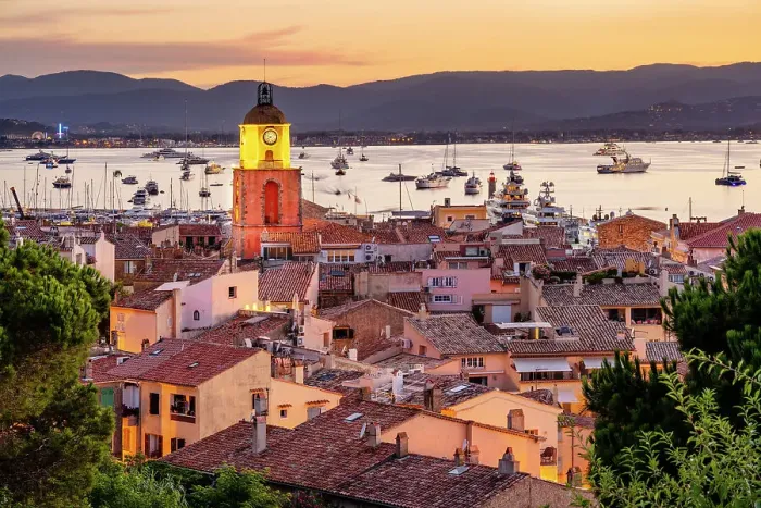 Framed Print : Eglise Notre Dame de l'Assomtion de Saint-Tropez View across town, the old Harbour and Yachts, sunset Saint-Tropez, French Riviera, Provence-Alpes-Cote d'Azur, France