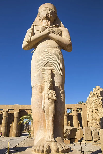 Egypt, Luxor, Karnak Temple, Colossal statue of King Ramesses II with his