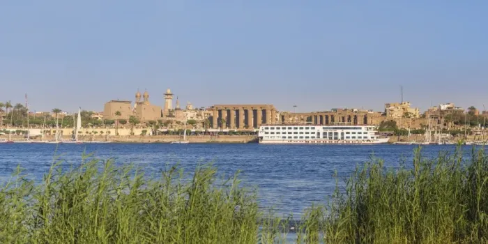 Framed Print : Egypt, Luxor, Nile cruise ship infront of Luxor temple