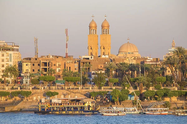 Egypt, Luxor, View of River Nile and Luxor temple