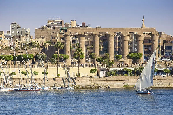 Egypt, Luxor, View of River Nile and Luxor temple