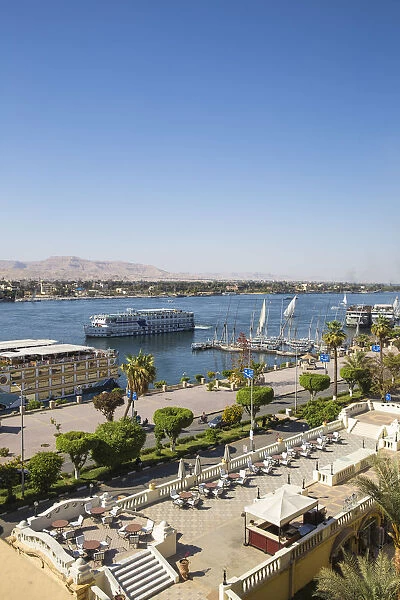 egypt, Luxor, View the of The Winter Palace Hotel terrace and the River Nile