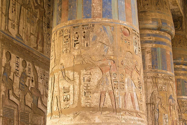Egypt, Luxor, West Bank, The temple of Ramesses 111 at Medinet Habu, Columns in the