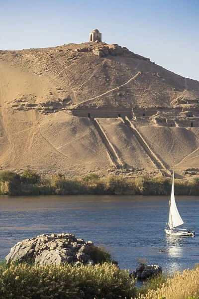 Egypt, Upper Egypt, Aswan, Elephantine Island, View of river Nile and Tombs of the