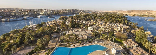 Egypt, Upper Egypt, Aswan, Elephantine Island, View of Movenpick Resort and River Nile