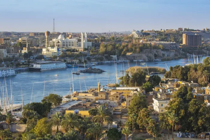 Framed Print : Egypt, Upper Egypt, Aswan, View of Aswan looking over Elephantine Island towards