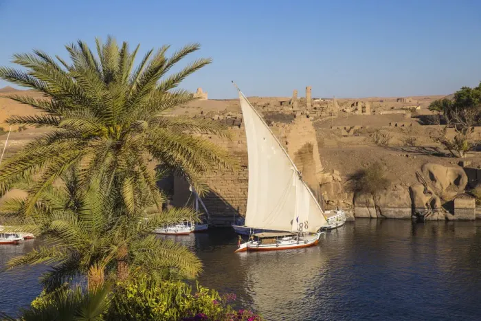 Framed Print : Egypt, Upper Egypt, Aswan, View towards Khnum ruins on Elephantine Island from Framed Print : Egypt, Upper Egypt, Aswan, View towards Khnum ruins on Elephantine Island from