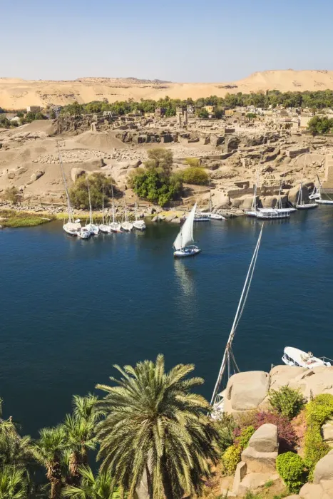 Framed Print : Egypt, Upper Egypt, Aswan, View towards Khnum ruins on Elephantine Island from Framed Print : Egypt, Upper Egypt, Aswan, View towards Khnum ruins on Elephantine Island from