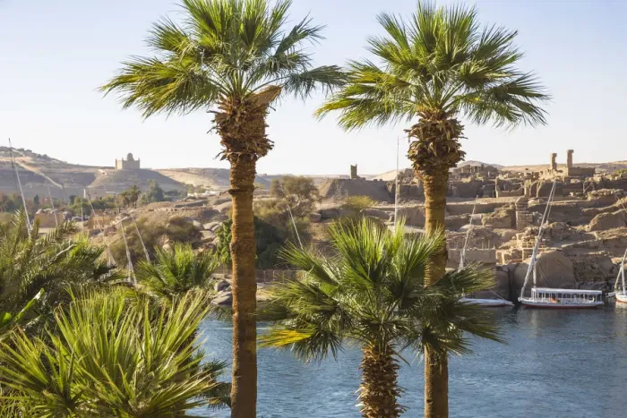 Framed Print : Egypt, Upper Egypt, Aswan, View towards Khnum ruins on Elephantine Island and Mausoleum Framed Print : Egypt, Upper Egypt, Aswan, View towards Khnum ruins on Elephantine Island and Mausoleum