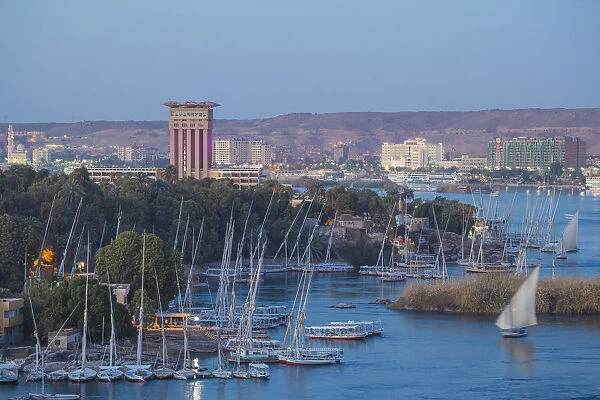 Egypt, Upper Egypt, Aswan, View of Movenpick Resort and River Nile