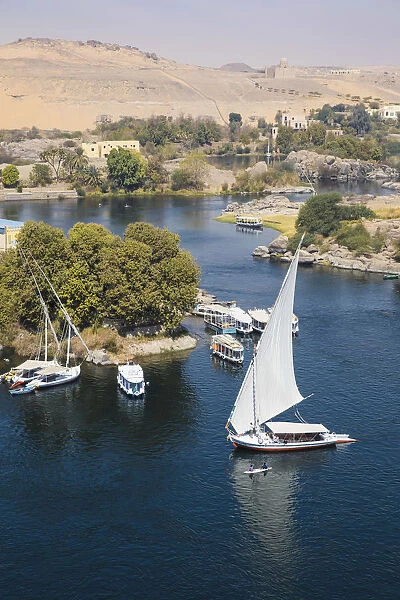 Egypt, Upper Egypt, Aswan, View of The River Nile and The Mausoleum of Aga Khan