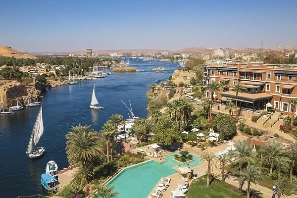 Egypt, Upper Egypt, Aswan, View of Sofitel Legend Old Cataract hotel and swimming