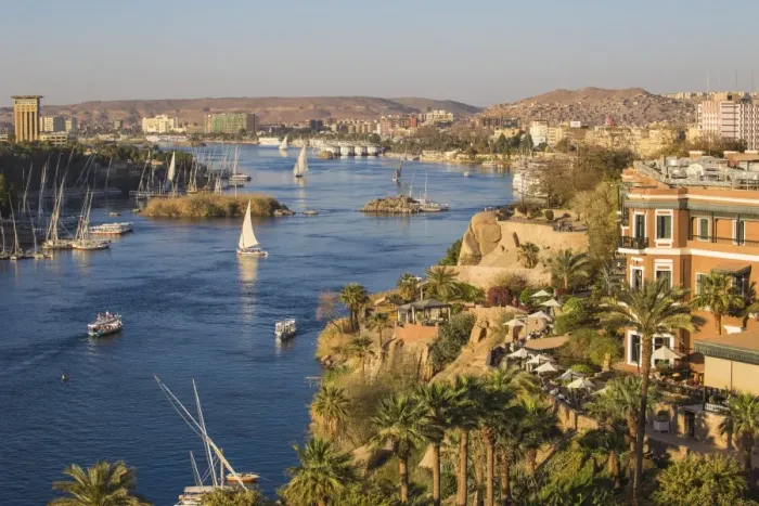 Framed Print : Egypt, Upper Egypt, Aswan, View of Sofitel Legend Old Cataract hotel and swimming