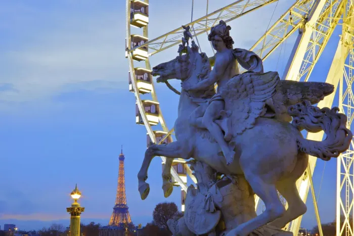 Framed Print : Eiffel Tower From Place De La Concorde With Big Wheel And Statue In Foreground, Paris Framed Print : Eiffel Tower From Place De La Concorde With Big Wheel And Statue In Foreground, Paris