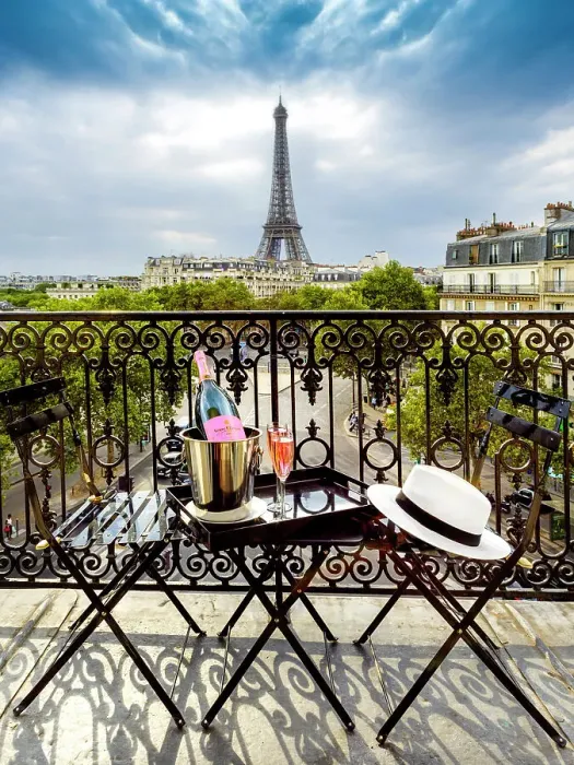 Framed Print : Eiffel Tower View, Champ de Mars, Rose Champagne and Macarons on a Balcony. Paris, Ile de France, France Framed Print : Eiffel Tower View, Champ de Mars, Rose Champagne and Macarons on a Balcony. Paris, Ile de France, France