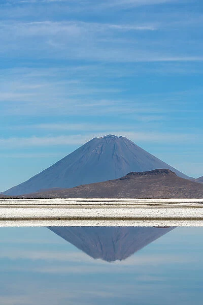 El Misti volcano reflected in a pool at salt flats, Salinas y Aguada Blanca National Reserve, Arequipa Province, Arequipa Region, Peru
