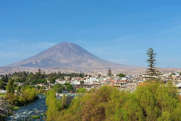 El Misti volcano rising above the white city of Arequipa and Chili River, UNESCO, Arequipa, Arequipa Province, Arequipa Region, Peru