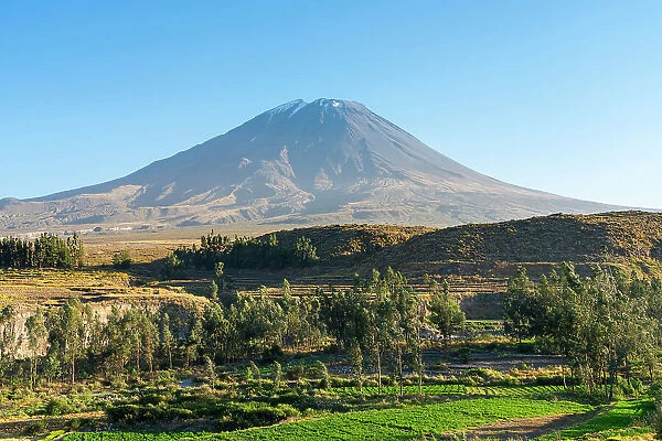 El Misti volcano and terraced fields, Chiguata, Salinas y Aguada Blanca National Reserve, Arequipa Province, Arequipa Region, Peru