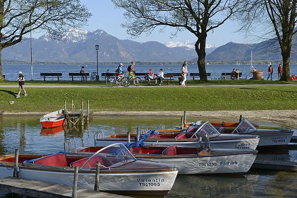 Electric boats for hire, Chiemsee, Prien, Chiemgau, Upper Bavaria, Bavaria, Germany