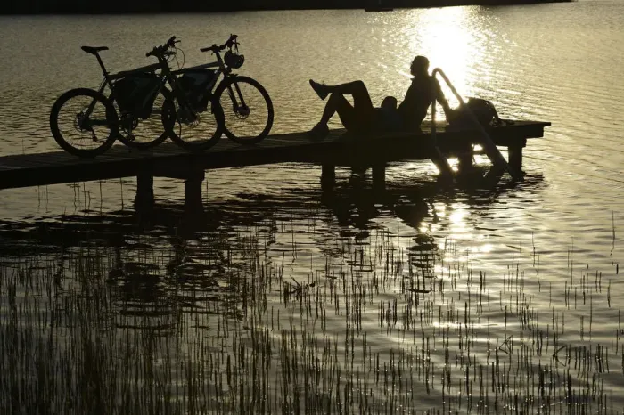 Framed Print : Electric cyclists on jetty, Klostersee Castle Seeon, Chiemgau, Upper Bavaria, Bavaria Framed Print : Electric cyclists on jetty, Klostersee Castle Seeon, Chiemgau, Upper Bavaria, Bavaria