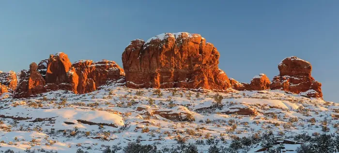 Framed Print : Elephant Butte in evening light with fresh snow, Arches National Park, Utah, USA