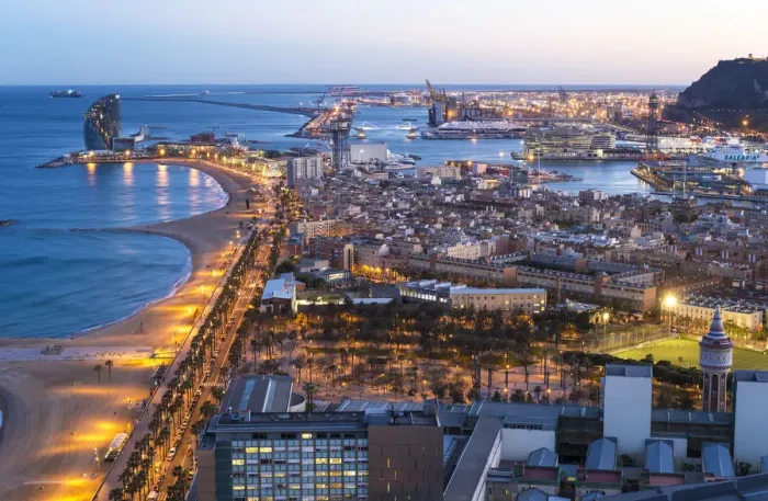 Framed Print : Elevated dusk view over Barcelona beaches and seaport, Barcelona, Catalunya, Spain
