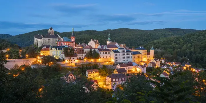 Framed Print : Elevated scenic view of Loket at night, Loket, Sokolov District, Karlovy Vary Region Framed Print : Elevated scenic view of Loket at night, Loket, Sokolov District, Karlovy Vary Region