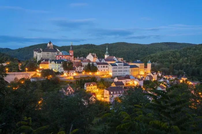 Framed Print : Elevated scenic view of Loket at night, Loket, Sokolov District, Karlovy Vary Region Framed Print : Elevated scenic view of Loket at night, Loket, Sokolov District, Karlovy Vary Region