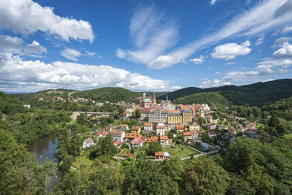 Elevated scenic view of Loket around Ohre river, Loket, Sokolov District