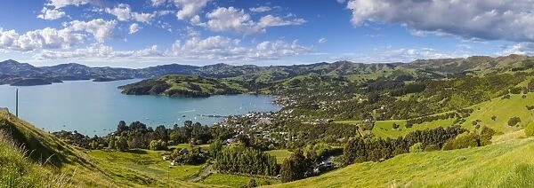 Elevated view over Akaroa, Banks Peninsular, Canterbury, South Island, New Zealand