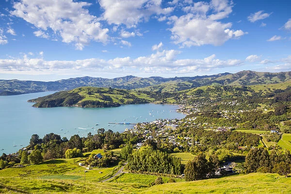 Elevated view over Akaroa, Banks Peninsular, Canterbury, South Island, New Zealand