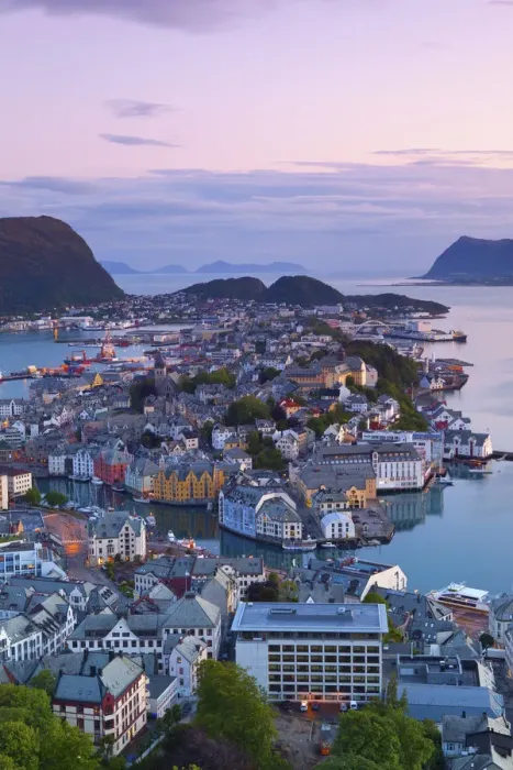 Framed Print : Elevated view over Alesund at dusk, Sunnmore, More og Romsdal, Norway Framed Print : Elevated view over Alesund at dusk, Sunnmore, More og Romsdal, Norway