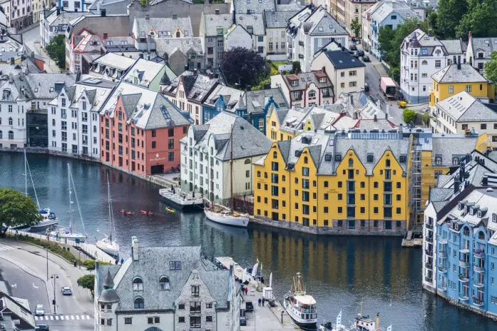 Framed Print : Elevated view of Art Nouveau buildings along Brosundet canal, Alesund Framed Print : Elevated view of Art Nouveau buildings along Brosundet canal, Alesund