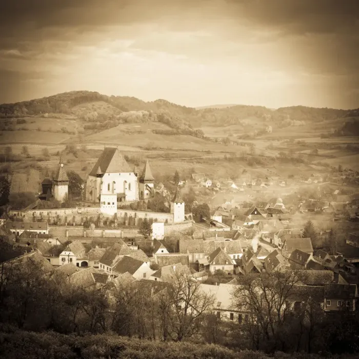 Framed Print : Elevated view over Biertan at sunset, Biertan, nr. Sighisoara, Transylvania, Romania Framed Print : Elevated view over Biertan at sunset, Biertan, nr. Sighisoara, Transylvania, Romania