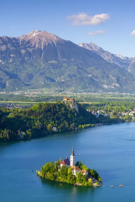 Framed Print : Elevated view over Bled Island with the Church of the Assumption, Lake Bled, Bled Framed Print : Elevated view over Bled Island with the Church of the Assumption, Lake Bled, Bled