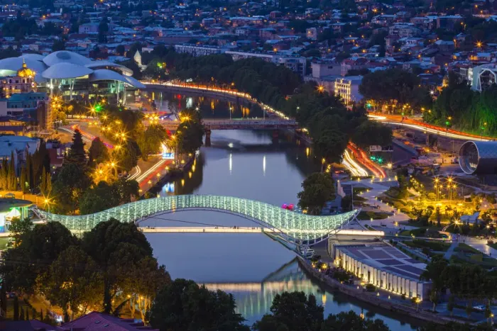 Framed Print : Elevated view of The Bridge of Peace at twilight, Tbilisi, Georgia Framed Print : Elevated view of The Bridge of Peace at twilight, Tbilisi, Georgia