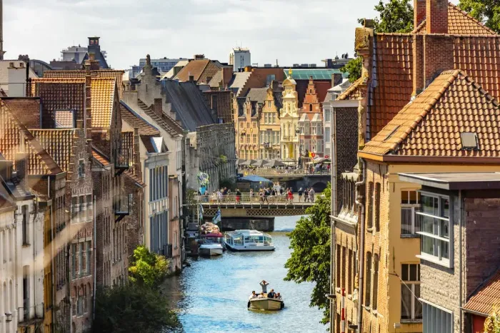 Framed Print : Elevated view of the bridges and canals in Ghent, Belgium